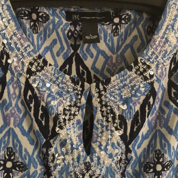 INC Blouse, EUC, Blue, Size L, Beads & Keyhole Neckline - Picture 6 of 13